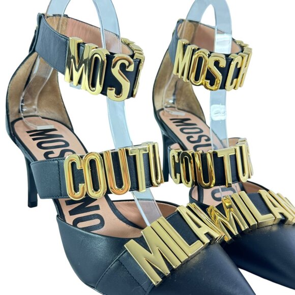 $890 MOSCHINO Milano Black Leather Logo Letter Strappy Sandals Italy 36 - 6US - Picture 4 of 12